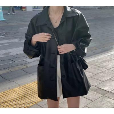 Women's Fall Black PU Leather Jacket Ladies Simple Single-breasted Jacket