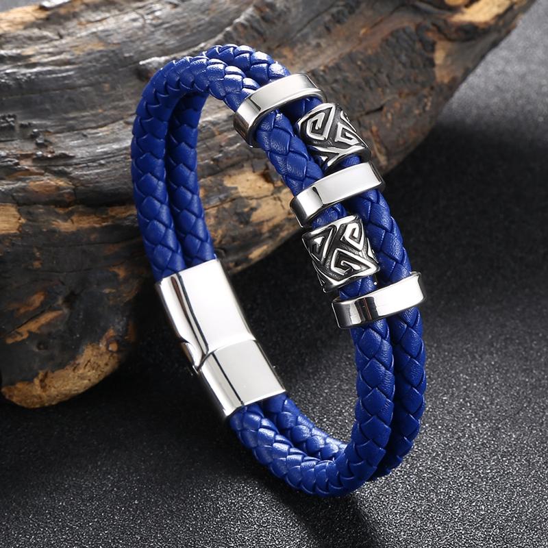 Viking Norse Runes Amulet Double-Layer Stainless Steel Men's Leather Bracelet Norse Mythology Jewelry