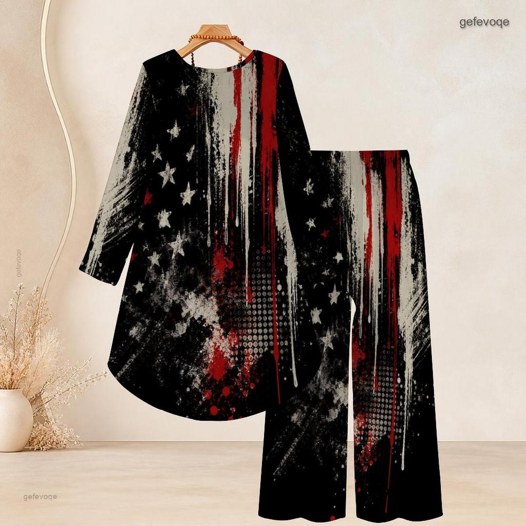 Women Plus Size Two Piece Set Round Neck Long Sleeve Printed High Low Top Wide Leg Pants Black Red White
