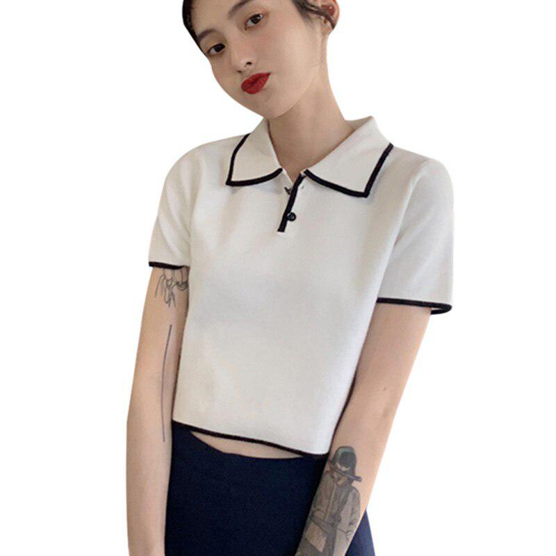 Women Knit Solid Color Top Fashion Turn-down Collar Short Sleeve Button Top T-shirts Woman Casual Slim T Shirt