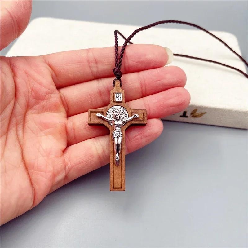 Collana Croce di Gesù Retro Ciondolo Legno Metallo Gioielli Uomo Donna Cattolico Religioso Cristiano Fascino Regalo