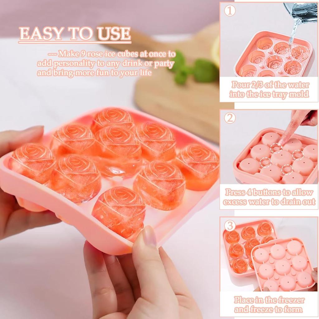 Ice Cube Mold with Lid, Silicone Rose Ice Cube Tray with Mini Tongs, Rose Ice Cube Trays for Freezer, Easy Release Ice Trays Maker, Make 9 Ice Ball