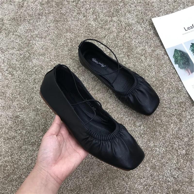 Pleated Single Shoes Women Square Toe Soft Ballet Flats Slip On Solid Color Elegant Dance Shoe Cross Ladies Loafers