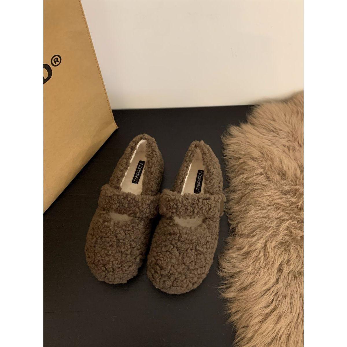 

Универсальные туфли Мэри Джейн на плоской подошве, пушистые женские туфли, носить 2025, новая осень и зима, зарубежный стиль, бархатные хлопковые туфли, одинарные туфли 40 темно-коричневого