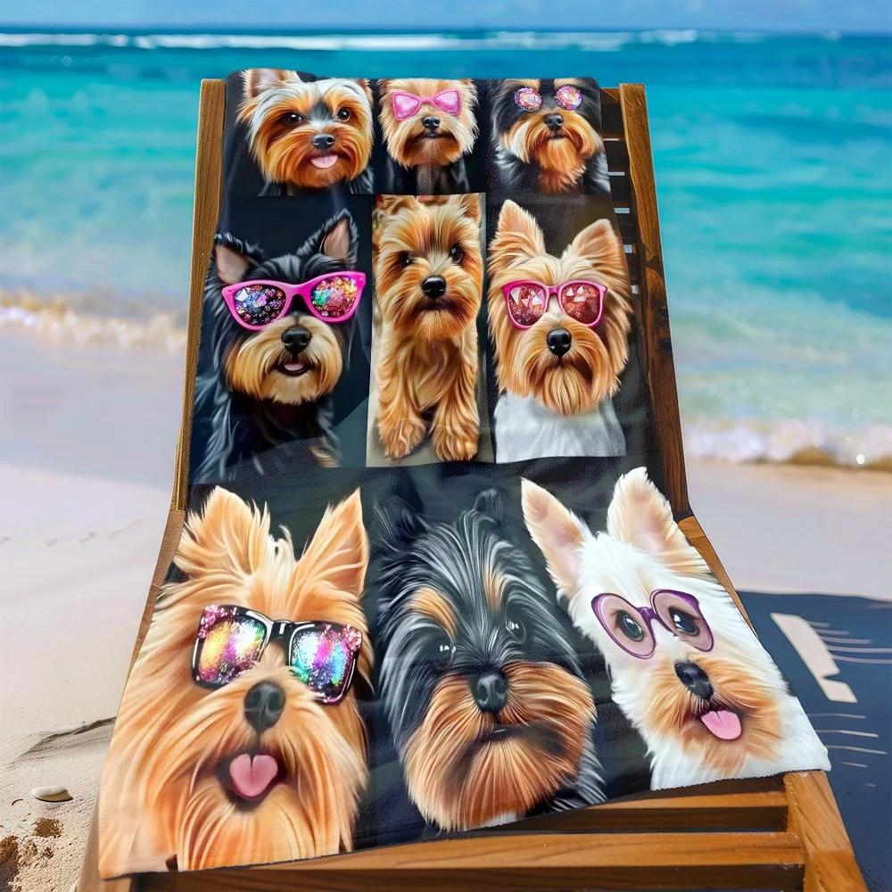 Benutzerdefiniertes Yorkshire Terrier Strandtuch Hund mit Sonnenbrillen-Print Mikrofaser Sandfrei Schnelltrocknend Weich Reise Geschenk