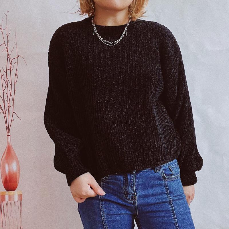 Autumn and Winter New Women's Solid Color Casual Shirt Round Neck Lantern Sleeve Short Knit Pullover Sweater Woman