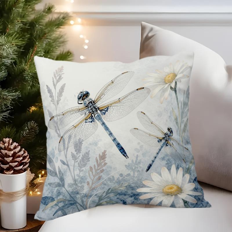 1pc Modern Square Sofa Pillowcase with Dragonfly and Floral Print - Soft Short Plush Zippered Pillow Cover, Suitable for Sofa, Bed, Living Room, Bedro