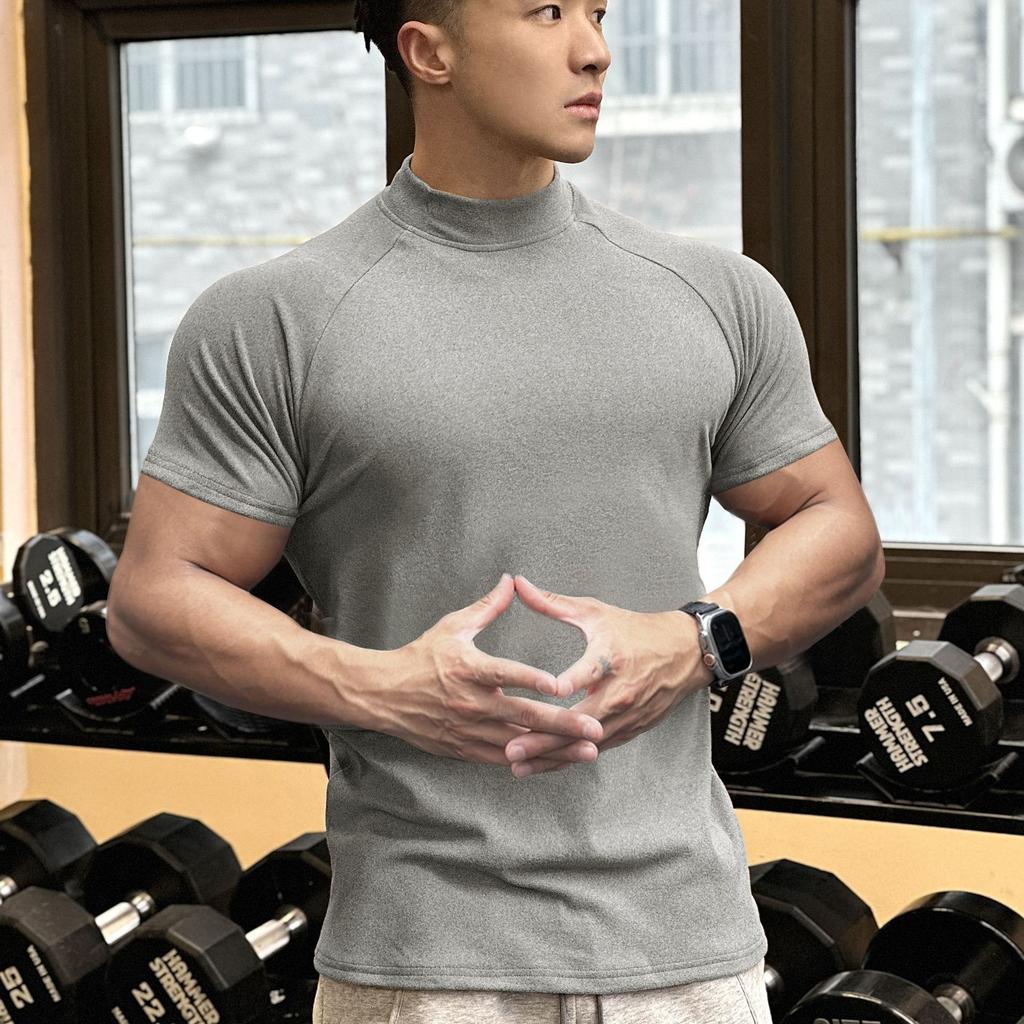 Men’s Autumn Winter Velvet Fitness Sports T-shirt Casual Short Sleeve High Collar Running Top