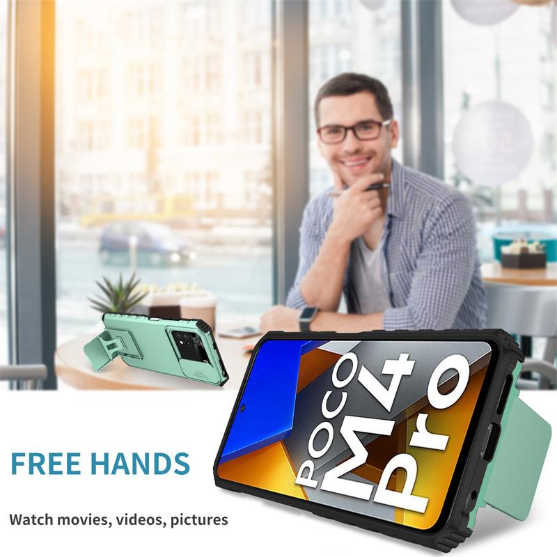 For Xiaomi Poco M4 Pro 4G Case Slide Camera Lens Armor Cases For Poco Poko Pocco Little M4Pro M 4 Pro 4Pro M4 Pro Stand Cover