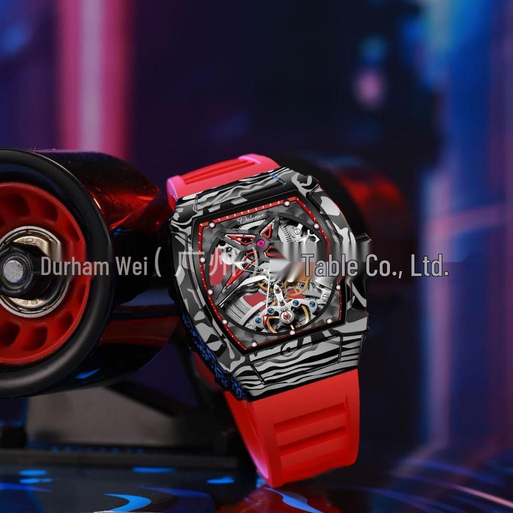 Durham Yao Men's Waterproof Mechanical Watch - Tonneau-Shaped Alloy Case with Carbon Fiber Design and Skeleton Dial