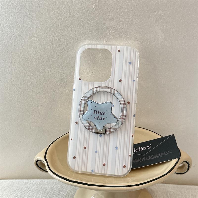 Korean-Style Blue Brown Star Patchwork Magnetic Case for iPhone 17/16 Pro Max/15/14