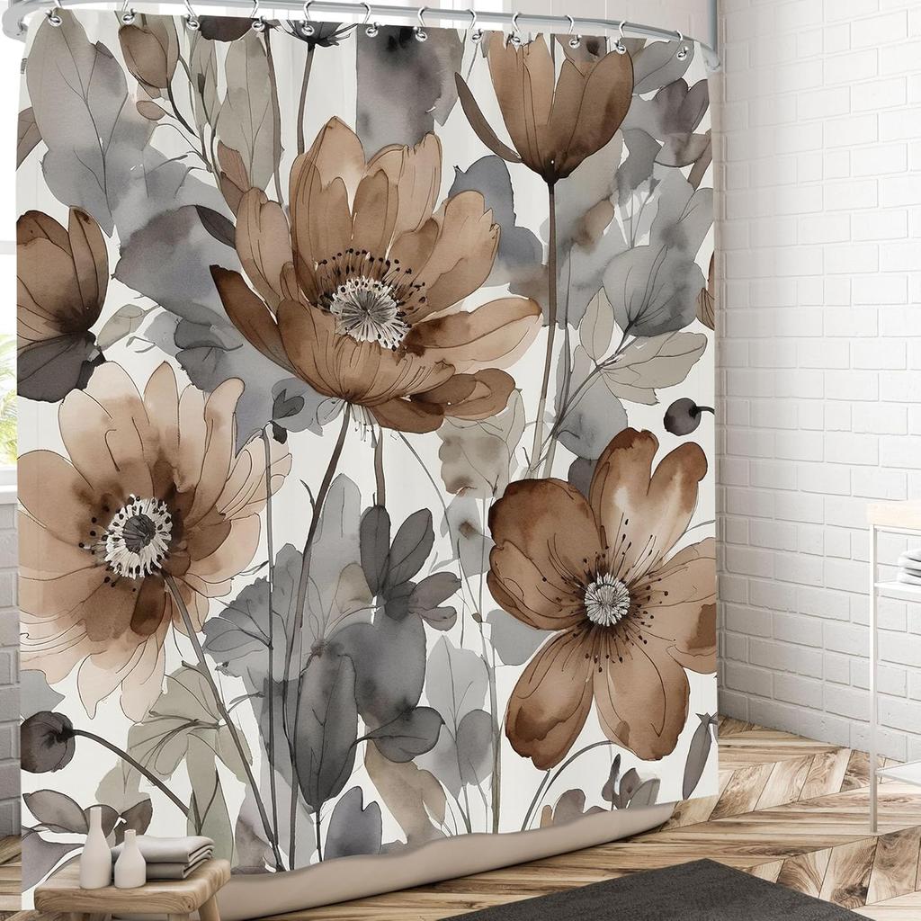 Cortina de Ducha Floral Boho Marrón Gris Bronceado Cortinas de Ducha de Flores Bohemias Acuarela Juego Para Baño Hojas Botánicas Retro Rus
