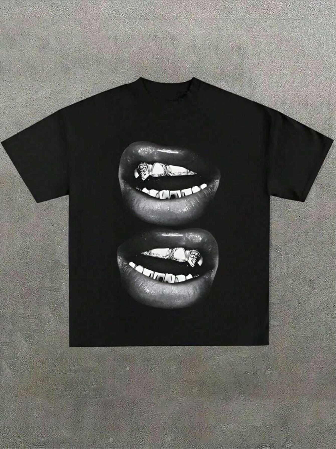 Casual Soft T-Shirt Featuring a Fun Barbecue Lips Graphic Print L