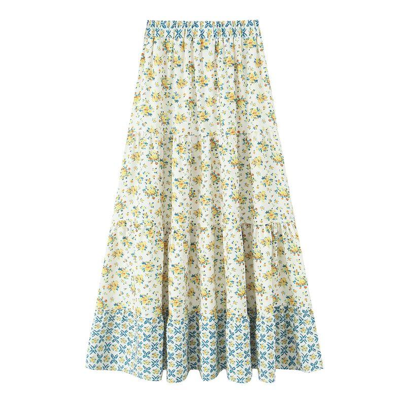 Summer New Arrival Women's Layered Stitching Big Swing Bohemia Retro Print Long Skirt 5029090
