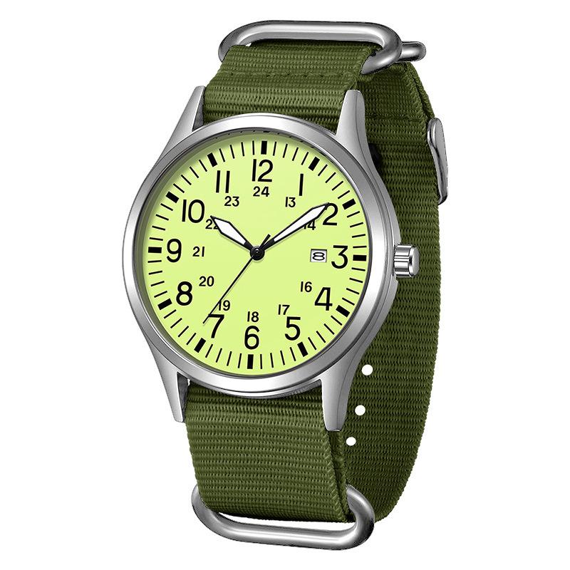 Casual Woven Nylon Strap Men'S Watch Outdoor Sports Full Luminous Double Calendar Military Watch Watch