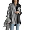 Chemise Rayée Color Block pour Femme Coupe Ample Poche Contrastante Blouse