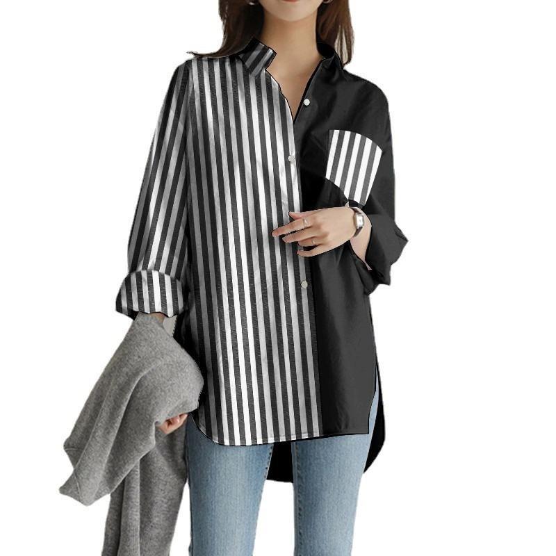 Chemise Rayée Color Block pour Femme Coupe Ample Poche Contrastante Blouse
