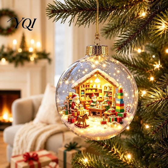 Festive Home Desktop Decorations Lighted Christmas Ornaments, 3D Miniature Scene Hanging Balls with Warm LED Light, Cute Xmas Tree Lights Reindeer