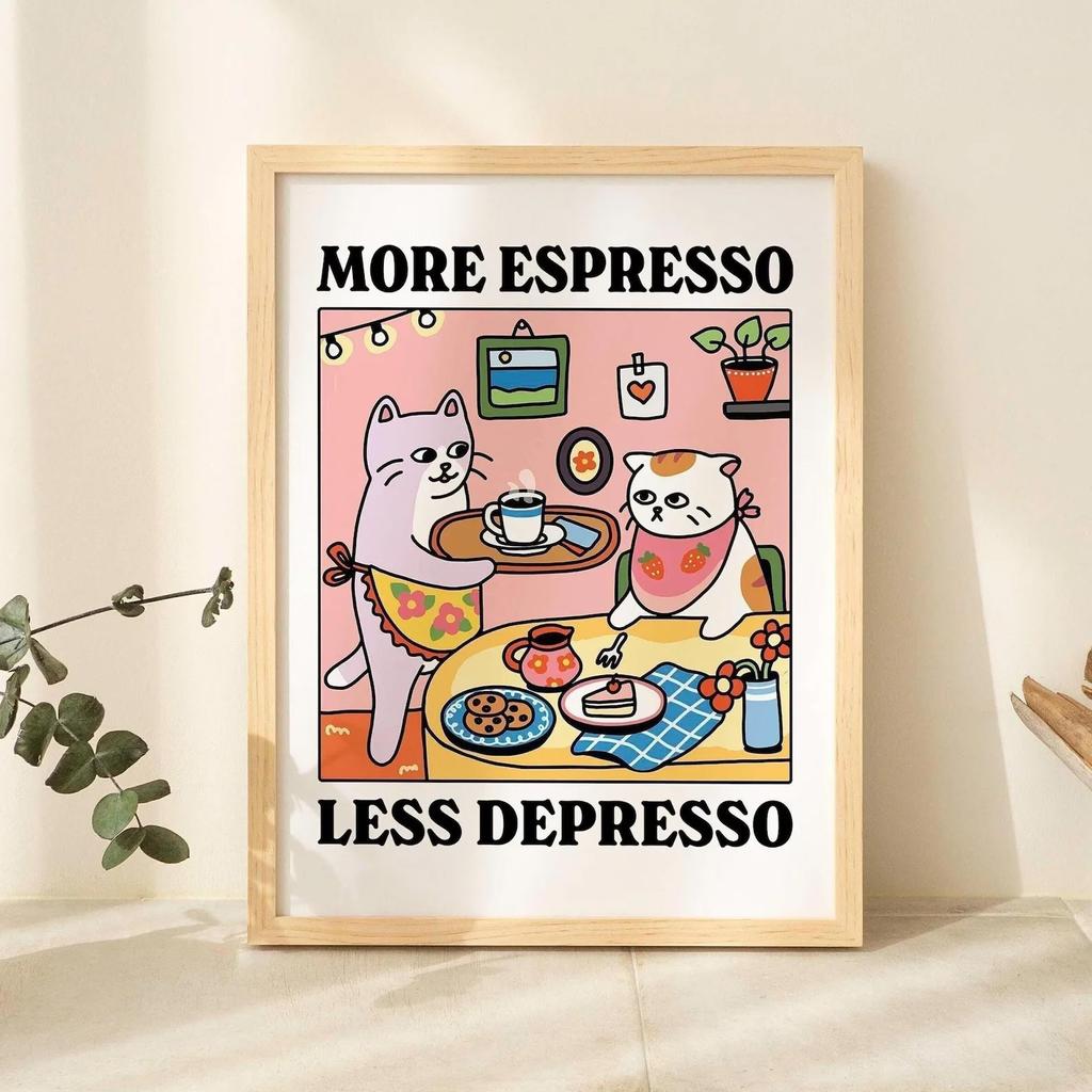 Canvas Painting More Espresso Less Depresso Black Cat Wall Print, Coffee Cat Poster, Kitchen Art, Coffee Poster, Coffee Bar, Unique For Living Room