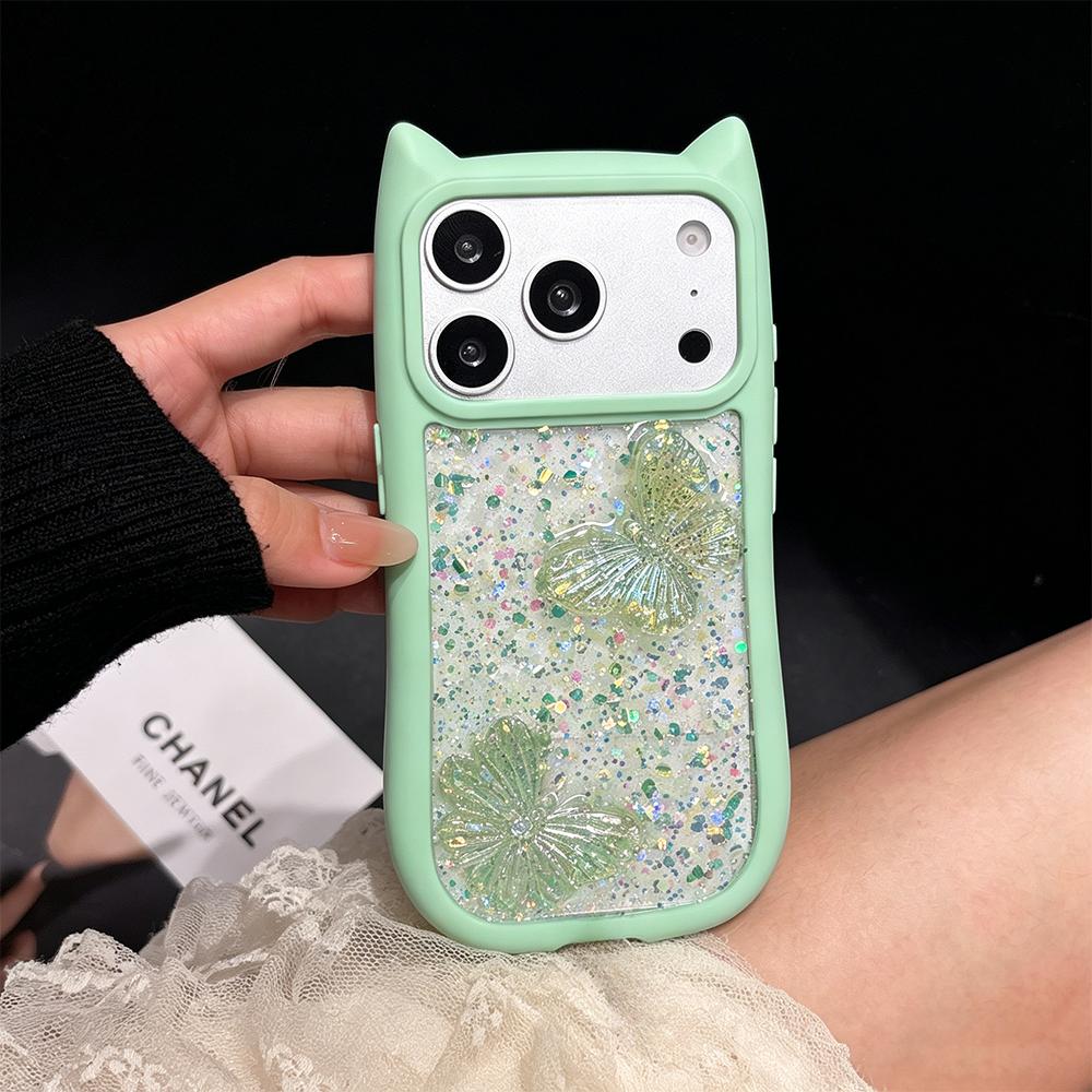 Cute Cat Ears Butterfly Transparent Lanyard Case for iPhone 17e 16 15 14 13 12 Pro Max 17 Air 11 Large Window Soft Edges Cover