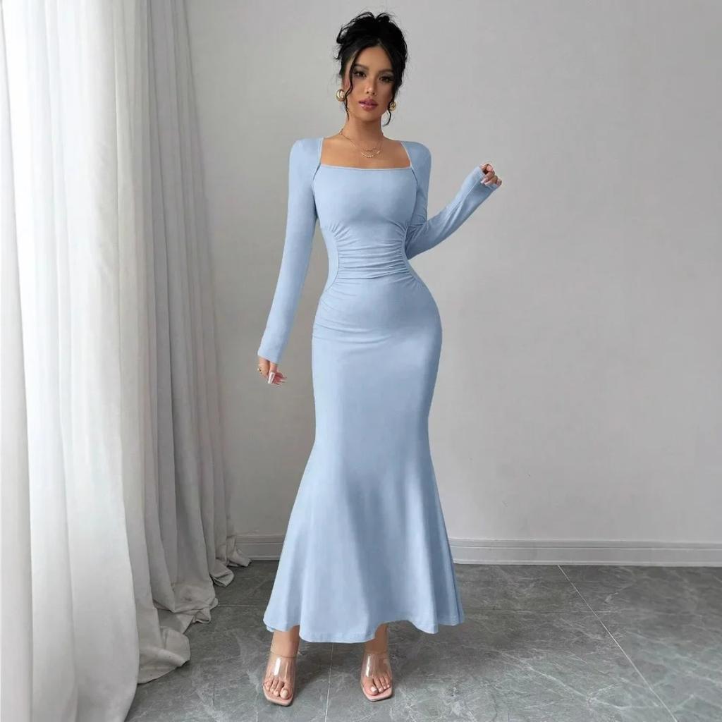 Elegant Long Sleeve Fish Tail Dress Women's Fashionable Slim Fit Sexy Gown Full Length Ankle Skirt Regular Waistline