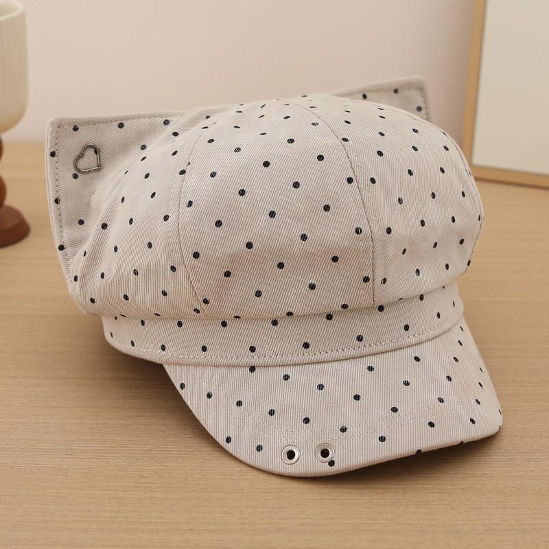 Cute Cat Ear Beret Hat Women - Vintage Octagon Cap With Polka Dots Wide Brim Adjustable Fit Fall Fashion