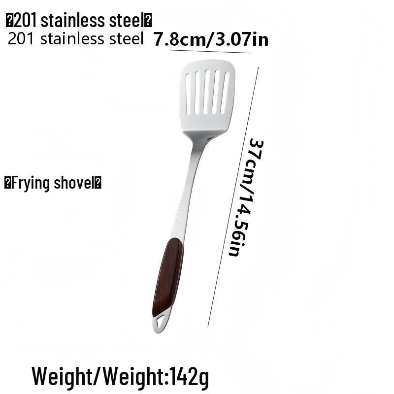 Large Stainless Steel Slotted Spoon & Wood Grain Handle Spatula Set for Commercial Wok & Frying Pan