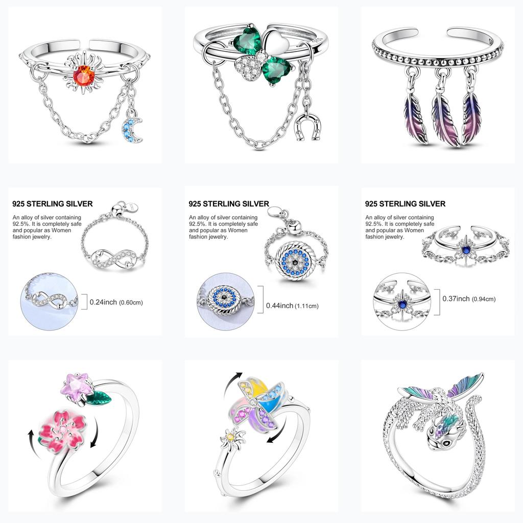 Free Size Ring For Women S925 Silver Original Blue Eyes Dragon Bee Shell Cherry Adjustable Rings Clover Chain Open Ring Jewelry