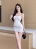 Summer Satin Splicing Strapless Bodycon Dress With Diamonds For Elegant Ladies