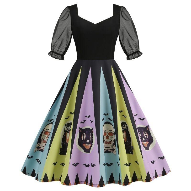 

Women Short Puff Sleeve Halloween Dress Retro Print Large Swing Dress YZ815# [In Stock]] 2XL