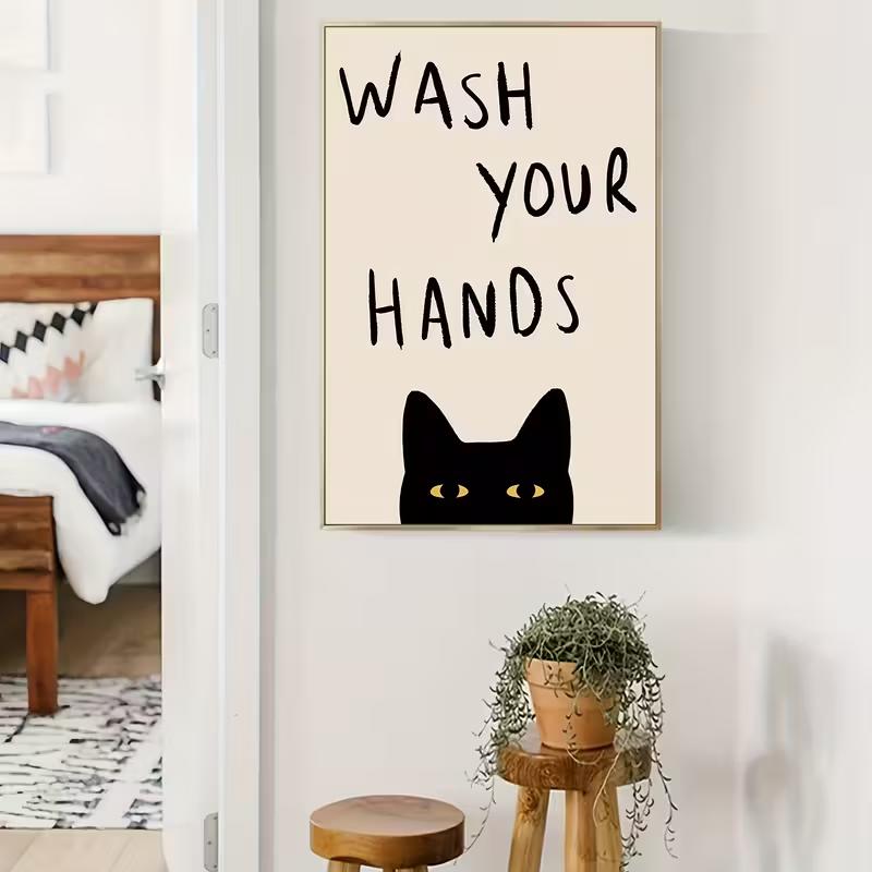 Stampe Poster su Tela "Gatto Divertente Vintage" "Lava le Mani", Pittura Decorativa Murale Stile Moderno, Adatto per Bagno,