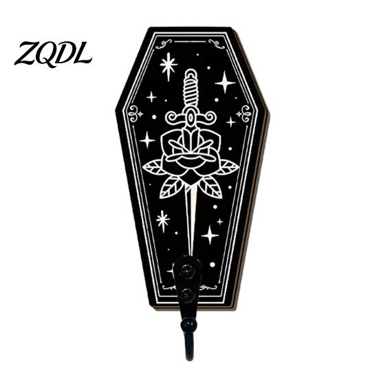 Entrance Hall Storage Halloween Gothic Wooden Wall Hook with Moon Star Skeleton Patterns, Decorative Retro Key Hanger for Bedroom Accessory