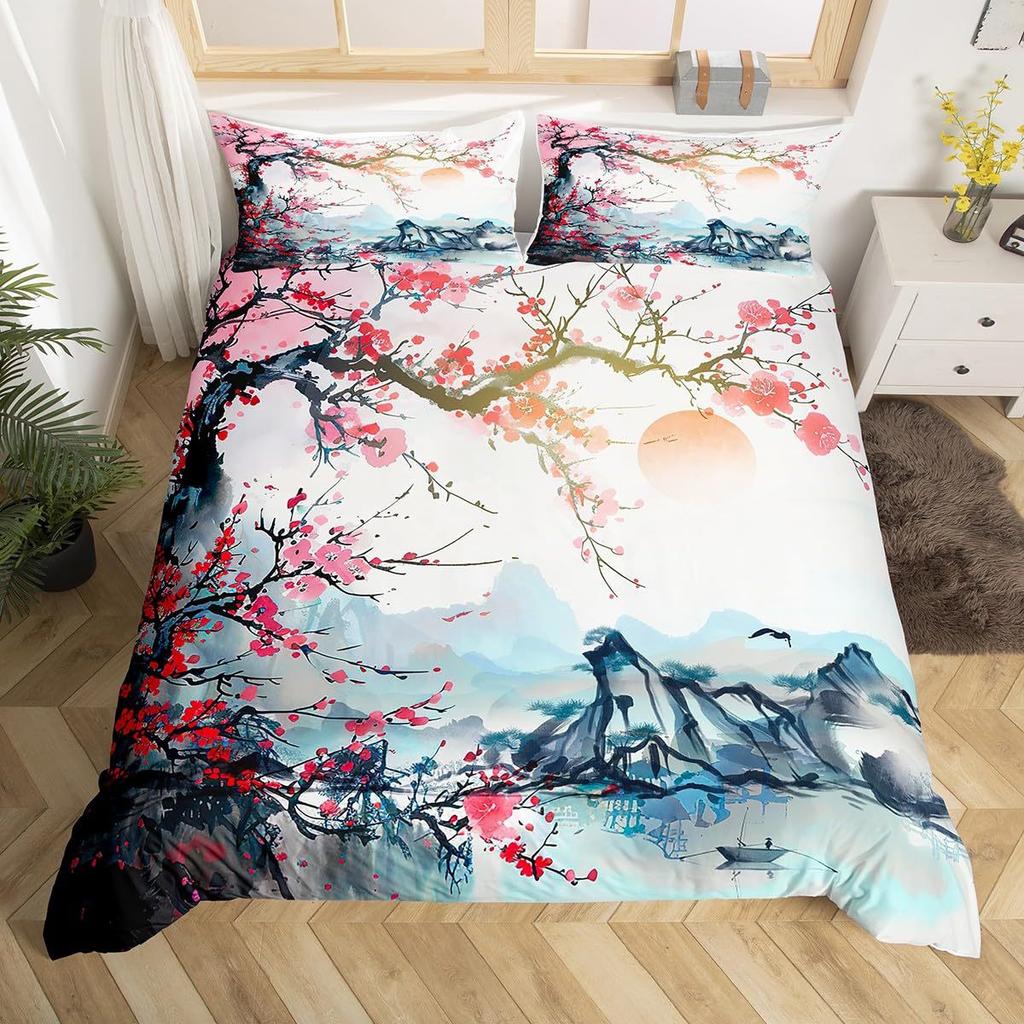 Japanese-Style Pink Wave Three-Piece Quilt Cover Digital Printing Bedding Set Bed Cover
