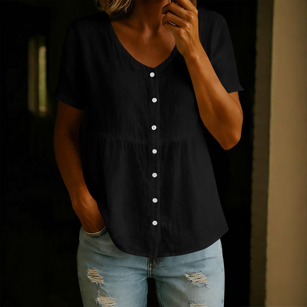 Women's Fashion V-Neck Button-Down Short-Sleeve -Color Casual Top