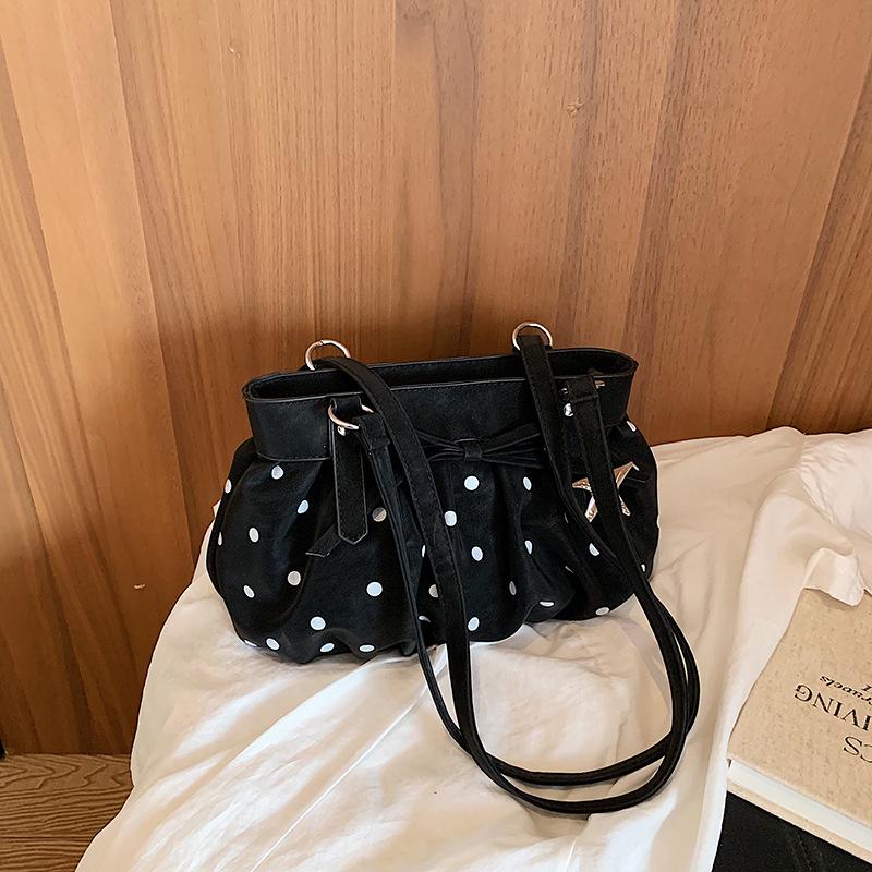 Women's Autumn 2026 Polka Dot Bow Large Pleated Cloud Bag - Simple, High-Capacity Underarm Design