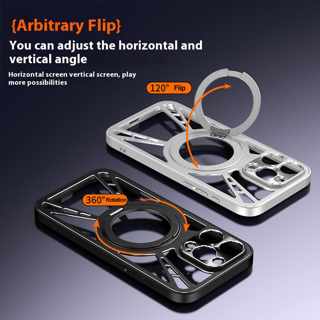 For iPhone 16 Pro Case Magnetic Kickstand Hollow Heat Dissipation Silicone+PC+Metal Bumper Phone Cover