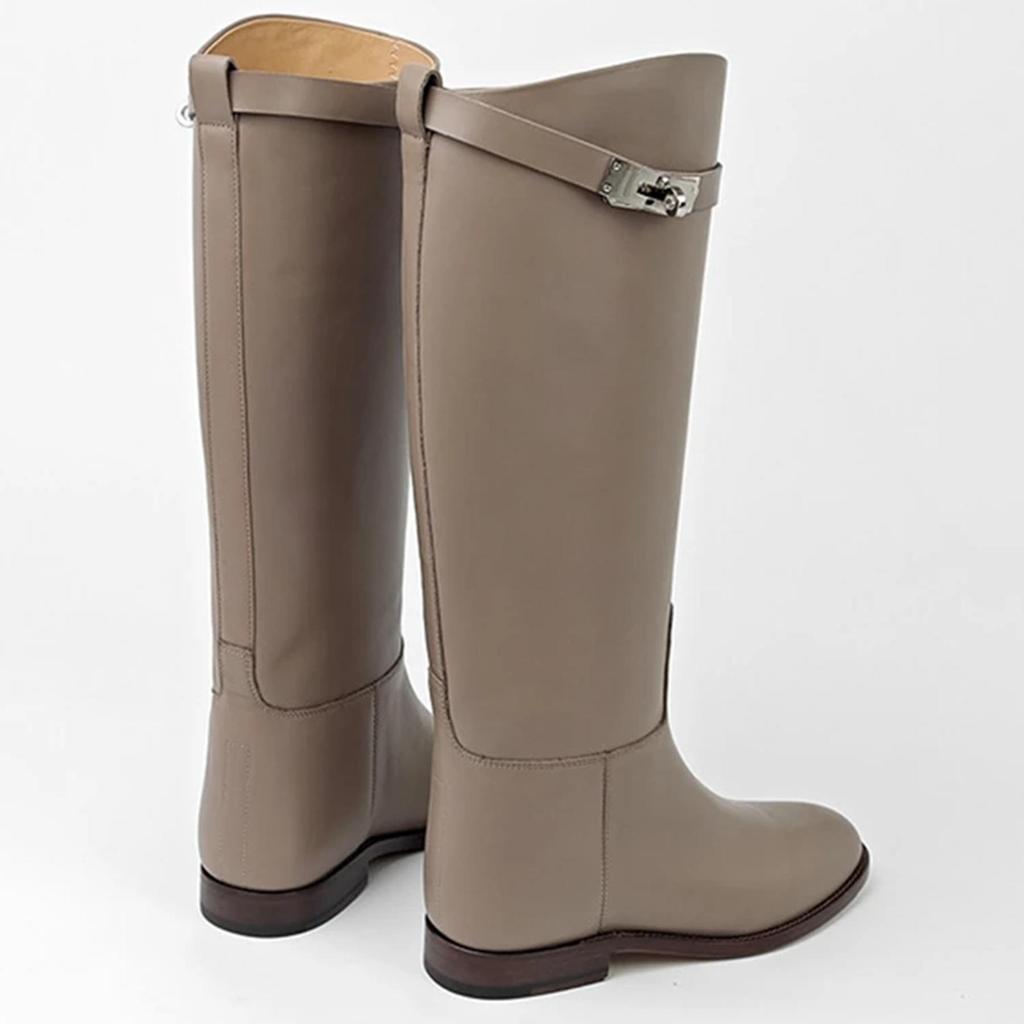 Krazing Pot Hovězí kůže podzimní zimní boty Silné nízké podpatky Jezdecké boty Kovové zapínání s kulatou špičkou Udržujte v teple Luxusní vysoké boty na stehna