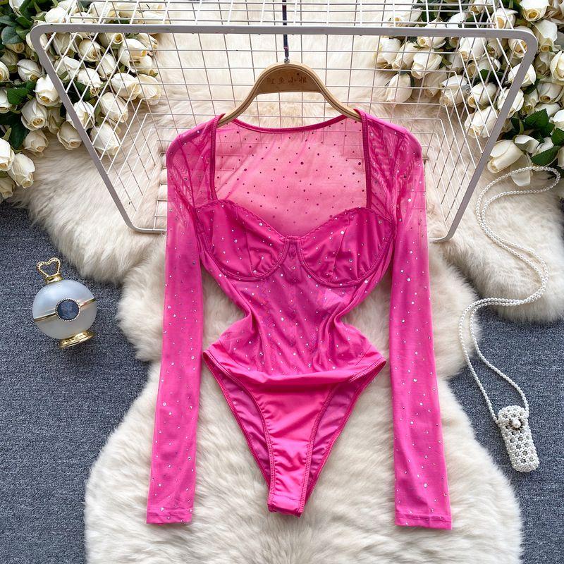 

Fashion Jumpsuit Women s 2024 Early Spring New Arrival Accessible Luxury Hot Drilling Long Sleeves Slim Fit Inner Wear Sheer Mesh Jumpsuit Rose Red S