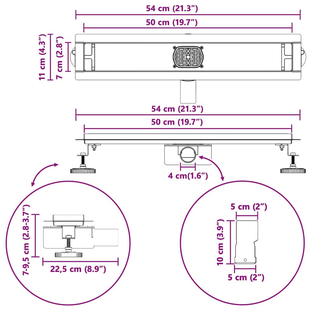 2 in 1 Shower Drain with 360 degrees Siphon Silver 54 x 11 x 9.5 cm