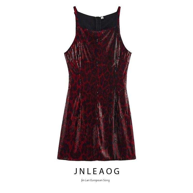 Jnleaog Autumn New Women's Clothing Fashion French Fashion Design Sexy Silm Leopard Print Sequin Slip Dress