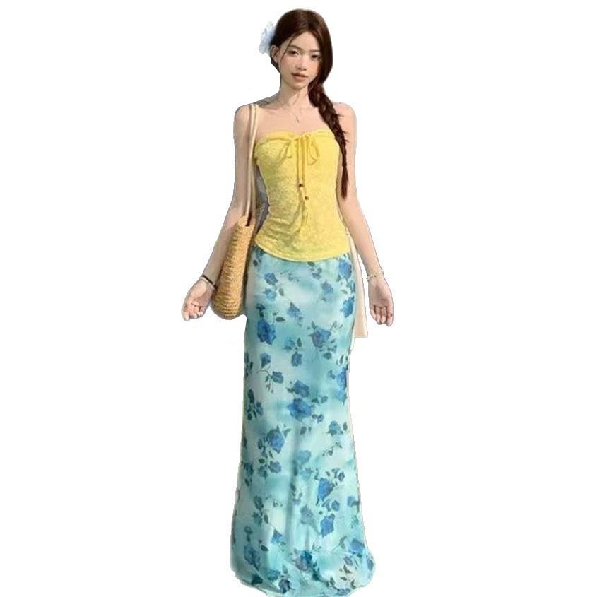 Yellow Jacquard Bandeau Vest & Floral Midi Skirt Two-Piece Summer Set