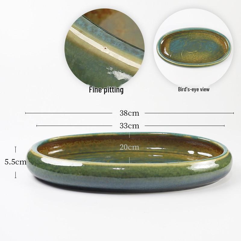 Handmade Dark Blue Oval Ceramic Vessel for Ikebana, Large Zen Flower Plate
