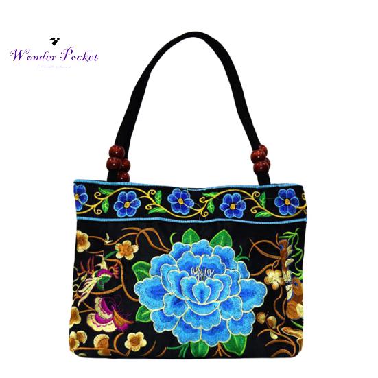 Modische Damen-Handtasche mit ethnischer Pfingstrosen-Stickerei, Perlengriff, Reißverschluss, Segeltuch-Einkaufstasche