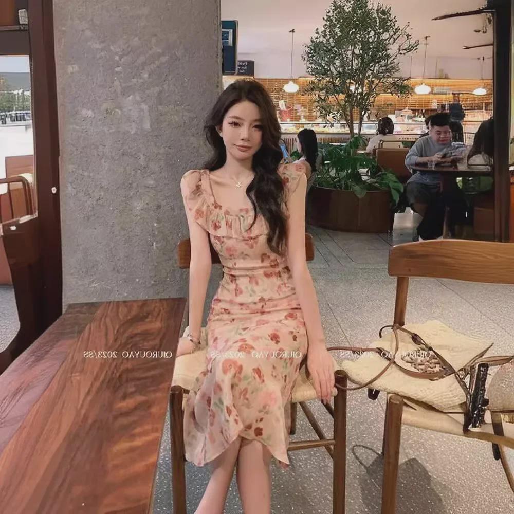 2024 Spring/Summer French Floral Sleeveless Maxi Dress – Slim Waist, Sweet & Elegant