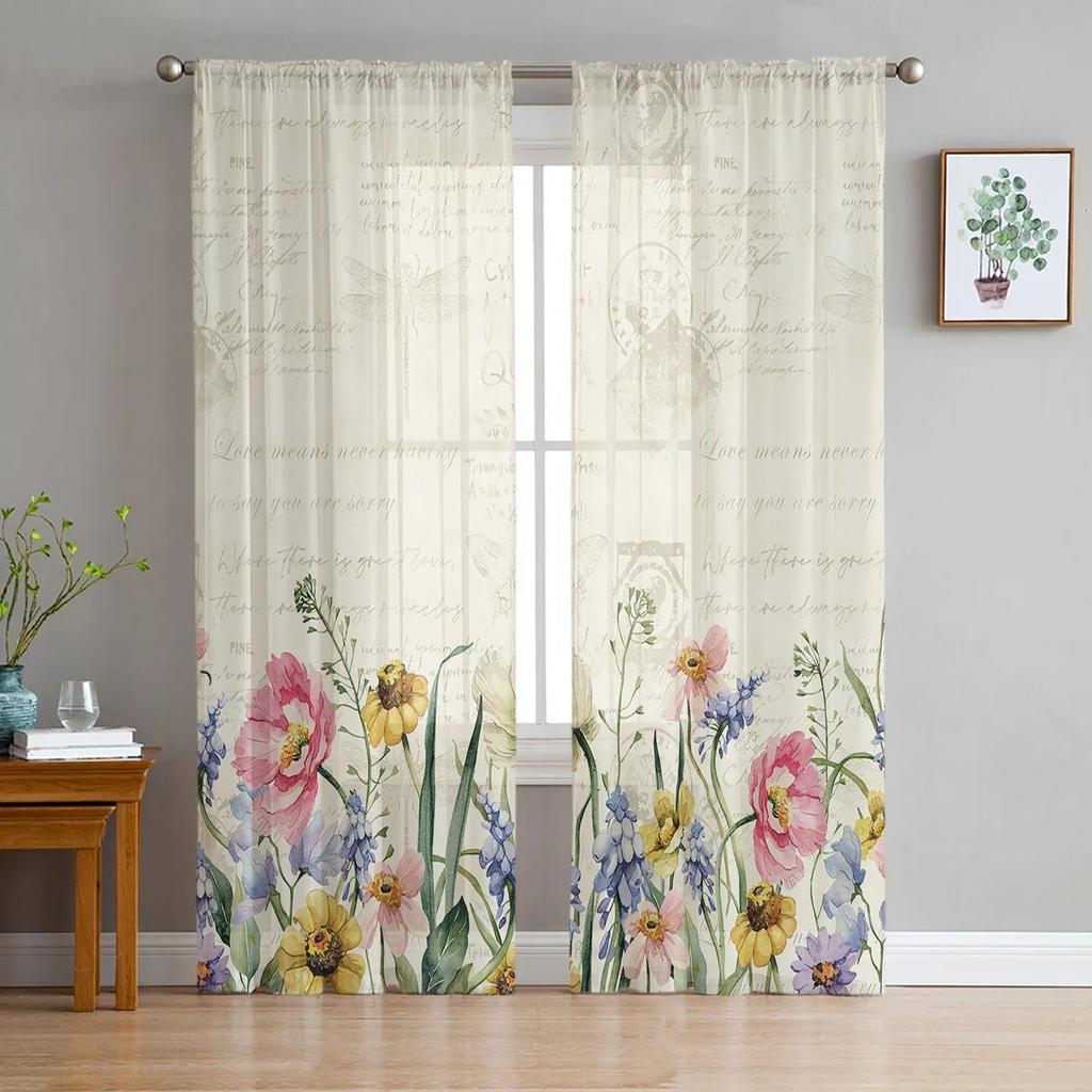 Spring Flowers Plants Wildflowers Sheer Curtains for Living Room Decoration Window Curtain Kitchen Tulle Voile Organza Drapes