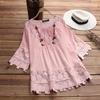 Summer Elegant Holiday Blouse Women Casual Loose Top Cotton Linen Stitching Lace Flower V Neck Solid Tops Shirt