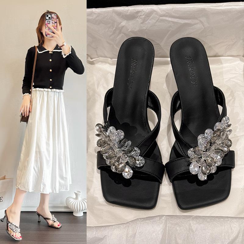 Fairy, Rhinestone Bow, Medium Heel, Cool Slippers, Female Summer 2025 New Fashion, Open-toed One-word Drag