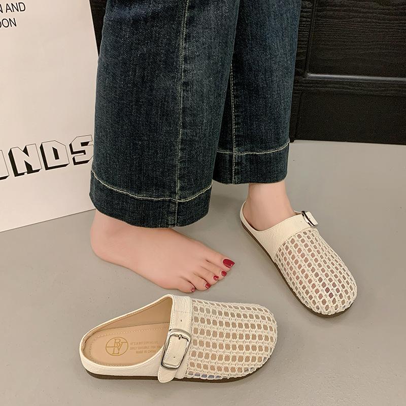 Baotou Half-slipper Women's Summer Shoes Flat-bottomed Fashionable Mesh Perforated One-foot Flip-flops