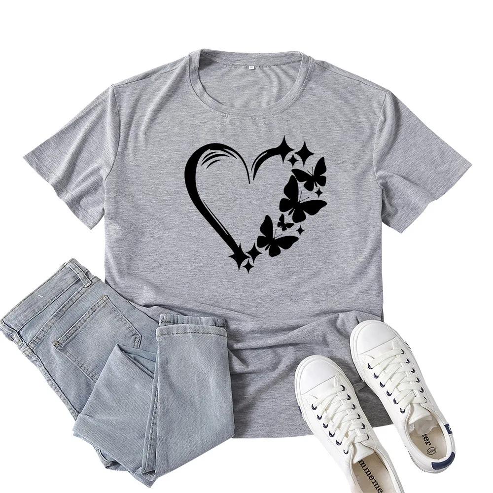 Butterfly Heart Print T Shirt Women Short Sleeve O Neck Loose Tshirt Summer Women Tee Shirt Tops Camisetas Mujer