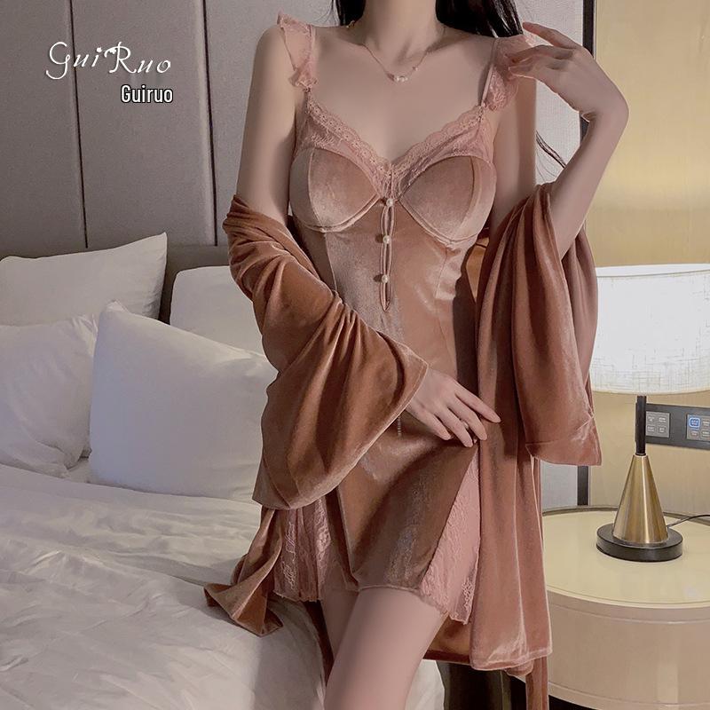 Gorgeous Lace See-Through Deep V Velvet Nightgown & Robe Set with Padding - Sweet Temptation 3908